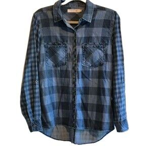 Billy T Women's Button-Down Shirt XS Blue Plaid Lyocell Long Sleeve Roll Tab